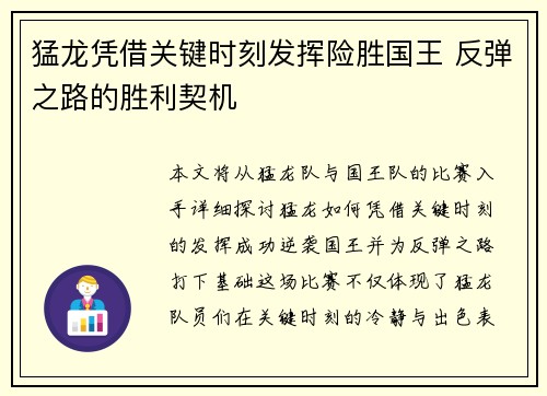 猛龙凭借关键时刻发挥险胜国王 反弹之路的胜利契机